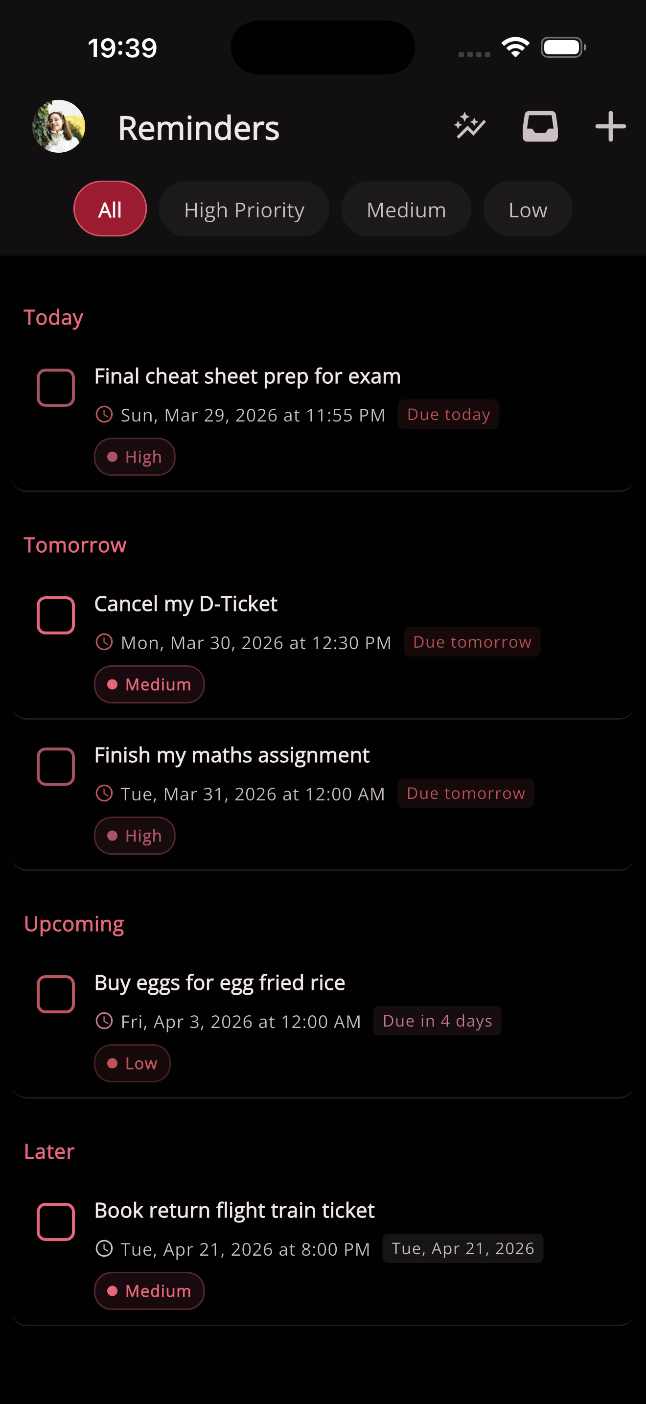 Deadliner home screen showing upcoming deadlines