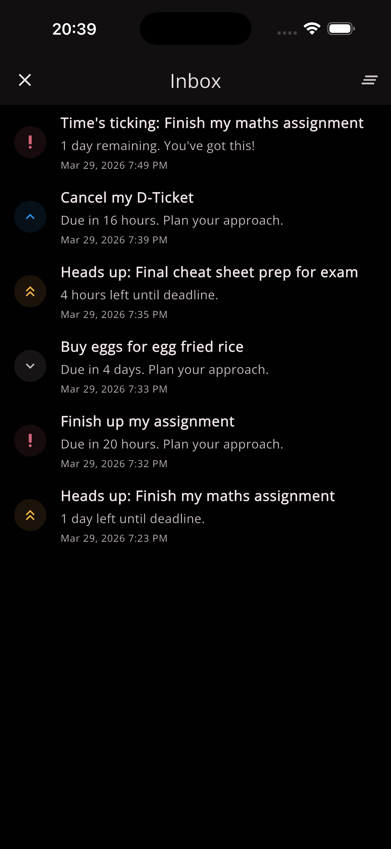 Escalating notifications screen