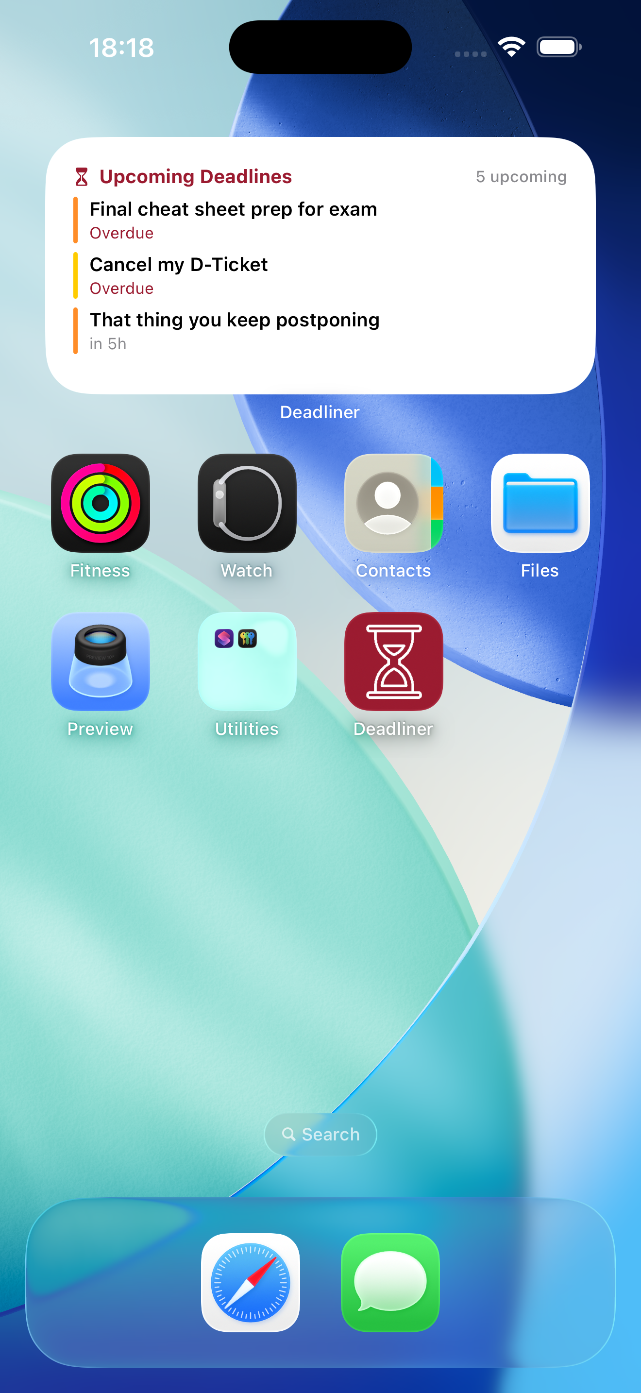 Home screen widget showing upcoming deadlines